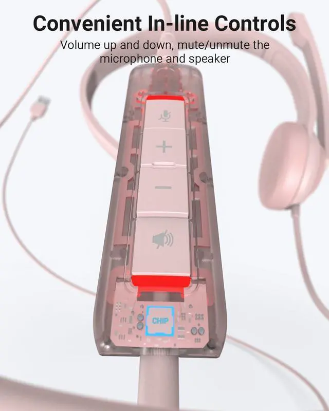 Alt view image 5 of 7 - HW02 USB Headset with Microphone Noise Cancelling &in-line Control, Ultra Comfort Computer Headphones for Laptop pc, On-Ear Wired Office Call Center Headset for Boom Skype Webinars (Pink)