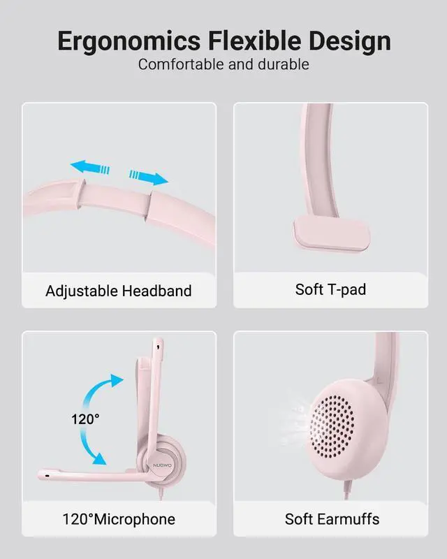 Alt view image 4 of 7 - HW02 USB Headset with Microphone Noise Cancelling &in-line Control, Ultra Comfort Computer Headphones for Laptop pc, On-Ear Wired Office Call Center Headset for Boom Skype Webinars (Pink)