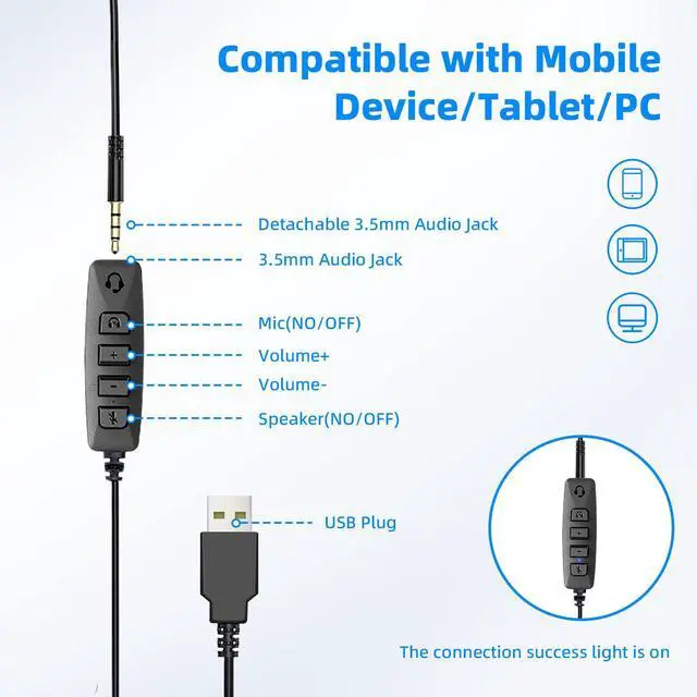 Alt view image 3 of 6 - USB Headset with Microphone for PC, 3.5mm Jack 2 in 1,Wired Stereo Computer Headphone,Lightweight Headset with Volume Control Wired Headset Low Latency for Laptop, Skype, Zoom