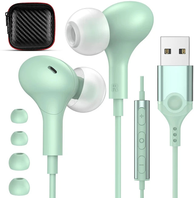 Main image of USB Headphones with Mic for Laptop PC, 7.5ft Magnetic Wired Earbuds Green Noise Isolation in-Ear Earphones with Mute Volume Control Stereo Bass for Dell/HP/Acer/Chromebook/Desktop/Zoom Meeting/School