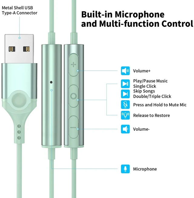 Alt view image 4 of 7 - USB Headphones with Mic for Laptop PC, 7.5ft Magnetic Wired Earbuds Green Noise Isolation in-Ear Earphones with Mute Volume Control Stereo Bass for Dell/HP/Acer/Chromebook/Desktop/Zoom Meeting/School