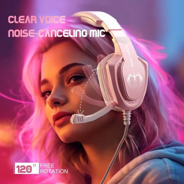 Alt view image 5 of 6 - Pink Gaming Headset for Girls Women with Microphone, Bass, Stereo Surround Sound Wired Over-Ear Headphones with Mic for PC Mac Computer PS5 Xbox PS4 Laptop (Pink)