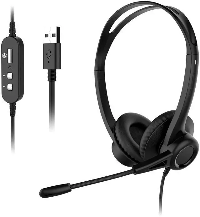 Main image of WHO1 USB Headset, Wired Computer Headphones with Noise-Cancelling Microphone, in-line Controls of Volume & Mute for Laptops, PC, Home Office Online Class Skype Zoom Meetings