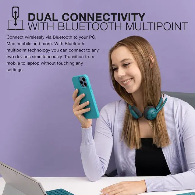 Alt view image 2 of 7 - Go Work Pop On-Ear Wireless Headset, Teal, 50+ Hours Playtime, Bluetooth Multipoint, Rotating Boom Mic, Noise Canceling MEMS Microphone, Light-Weight and Portable, for PC/Mac or Mobile