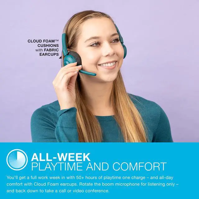 Alt view image 5 of 7 - Go Work Pop On-Ear Wireless Headset, Teal, 50+ Hours Playtime, Bluetooth Multipoint, Rotating Boom Mic, Noise Canceling MEMS Microphone, Light-Weight and Portable, for PC/Mac or Mobile
