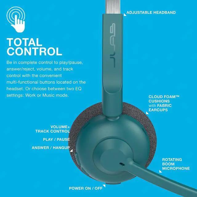 Alt view image 6 of 7 - Go Work Pop On-Ear Wireless Headset, Teal, 50+ Hours Playtime, Bluetooth Multipoint, Rotating Boom Mic, Noise Canceling MEMS Microphone, Light-Weight and Portable, for PC/Mac or Mobile