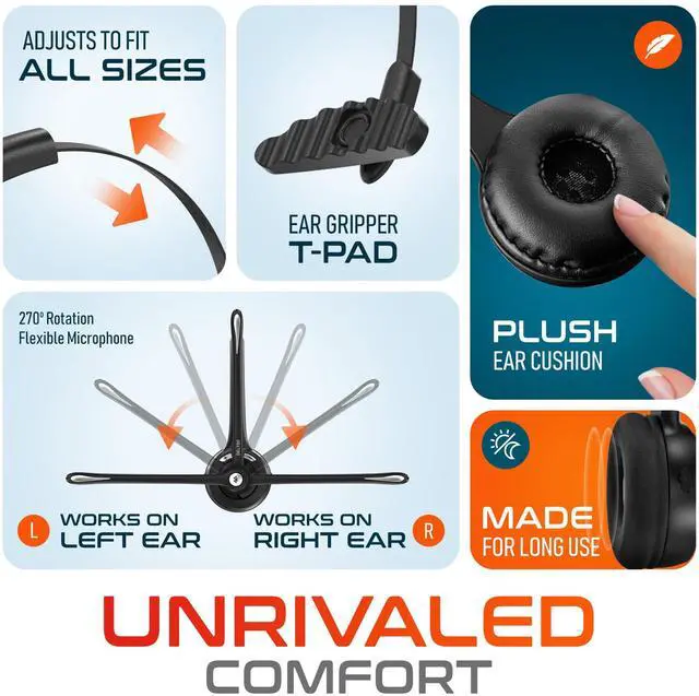 Alt view image 7 of 7 - 10X Bluetooth Computer Headset, Over-The-Head Single Ear Wireless Headset with Noise Canceling Mic for Computer/Laptop/Call Center/Truck Driver, Works with All Meetings Apps - Black