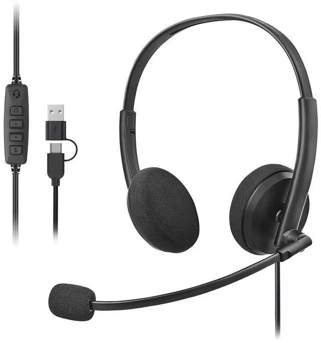 Main image of USB Computer Headset with Noise Cancelling Microphone for PC, Call Center Headphones for Office Zoom Skype Teams, Online Class, Lightweight with USB/Type-c Jack & Volume Control