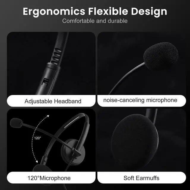 Alt view image 3 of 7 - USB Computer Headset with Noise Cancelling Microphone for PC, Call Center Headphones for Office Zoom Skype Teams, Online Class, Lightweight with USB/Type-c Jack & Volume Control