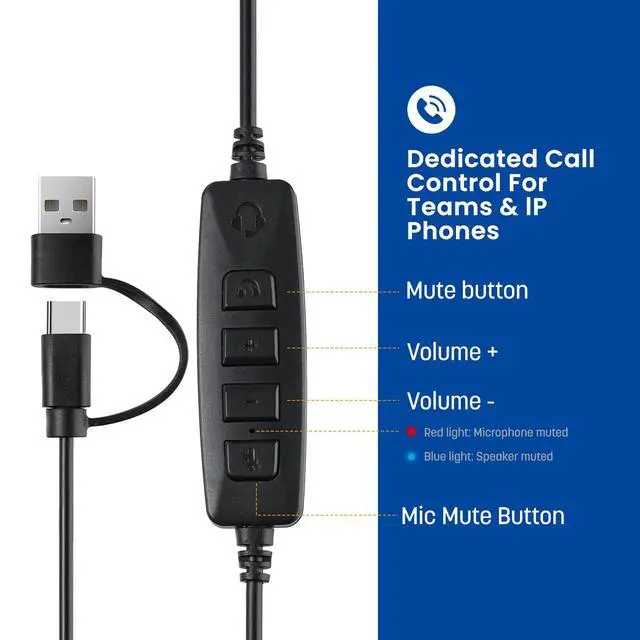 Alt view image 5 of 7 - USB Computer Headset with Noise Cancelling Microphone for PC, Call Center Headphones for Office Zoom Skype Teams, Online Class, Lightweight with USB/Type-c Jack & Volume Control
