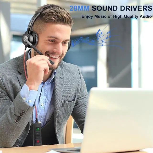 Alt view image 3 of 7 - Wired USB Headset with ENC Dual Noise Cancelling Mics, On-Ear Computer Headset for PC Laptop, Professional Work Headphones for Home Office Teams Skype Zoom Call Center, MS Teams Call Control