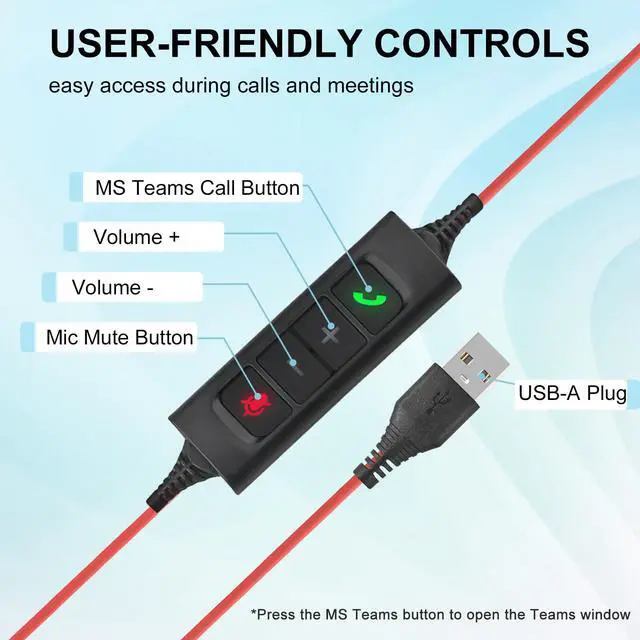 Alt view image 5 of 7 - Wired USB Headset with ENC Dual Noise Cancelling Mics, On-Ear Computer Headset for PC Laptop, Professional Work Headphones for Home Office Teams Skype Zoom Call Center, MS Teams Call Control