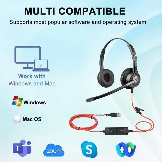 Alt view image 6 of 7 - Wired USB Headset with ENC Dual Noise Cancelling Mics, On-Ear Computer Headset for PC Laptop, Professional Work Headphones for Home Office Teams Skype Zoom Call Center, MS Teams Call Control