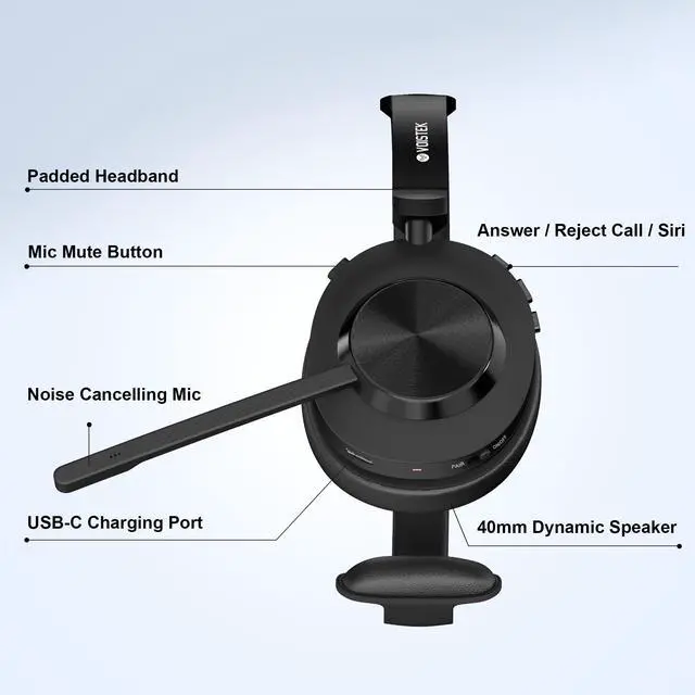 Alt view image 4 of 7 - Wireless Headset for Work, Single-Ear Bluetooth Headset with Noise Cancelling Microphone,USB Dongle, Clear Calls & Mic Mute for Work from Home/Office/PC/Call Center/Computer/Laptop/Teams/Zoom
