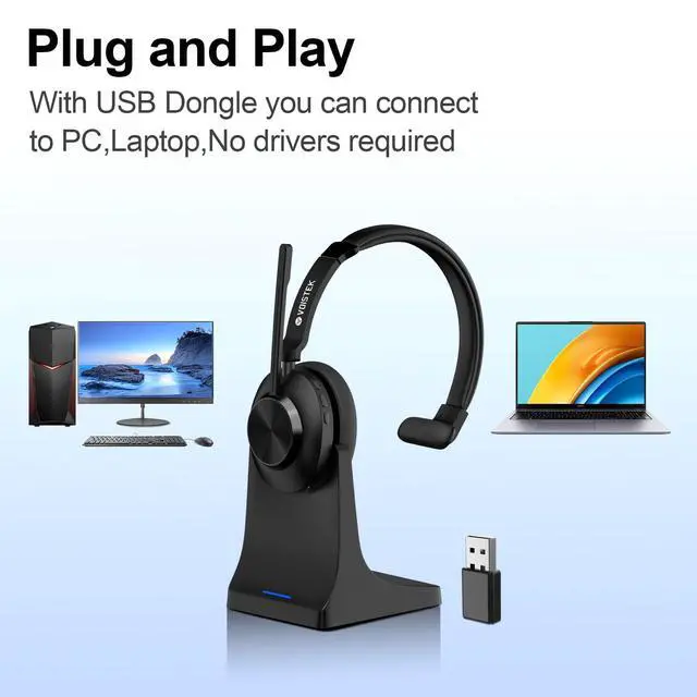 Alt view image 7 of 7 - Wireless Headset for Work, Single-Ear Bluetooth Headset with Noise Cancelling Microphone,USB Dongle, Clear Calls & Mic Mute for Work from Home/Office/PC/Call Center/Computer/Laptop/Teams/Zoom