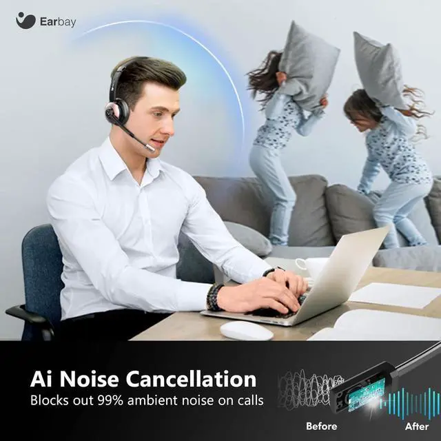 Alt view image 2 of 7 - Wireless Headset, Bluetooth Headset with Microphone Noise Canceling & USB Dongle, Wireless Headphones with Mic Mute/Charge Dock for PC Computer Phone Work Office Meetings Call Teams