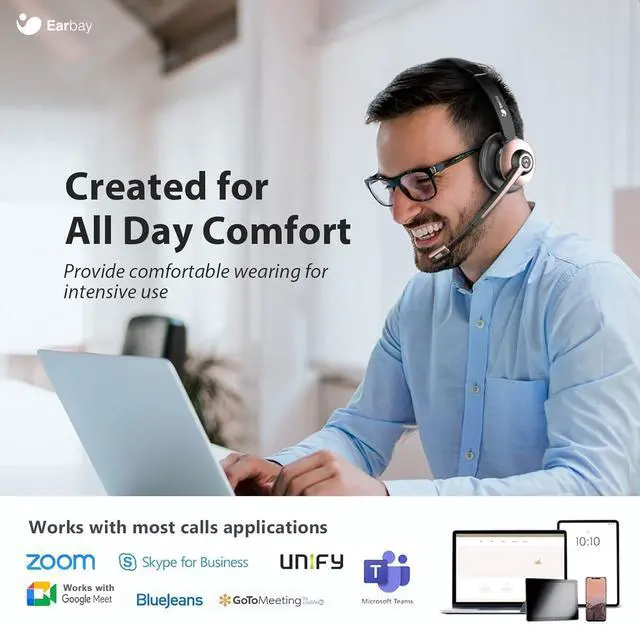 Alt view image 5 of 7 - Wireless Headset, Bluetooth Headset with Microphone Noise Canceling & USB Dongle, Wireless Headphones with Mic Mute/Charge Dock for PC Computer Phone Work Office Meetings Call Teams