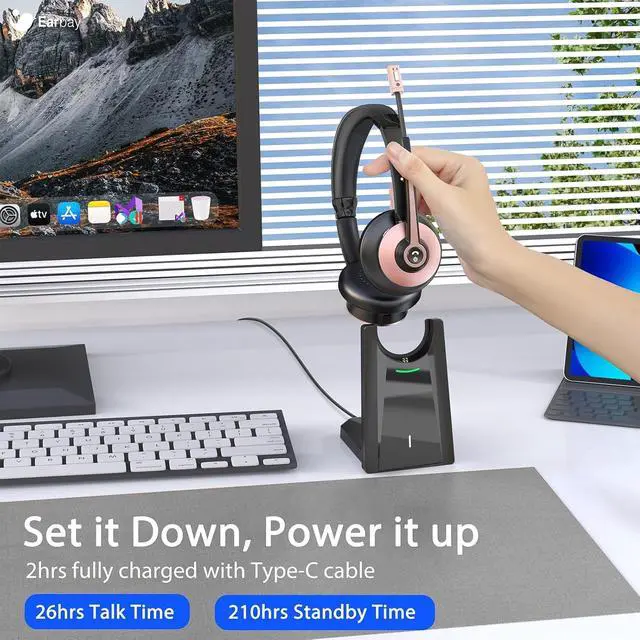 Alt view image 6 of 7 - Wireless Headset, Bluetooth Headset with Microphone Noise Canceling & USB Dongle, Wireless Headphones with Mic Mute/Charge Dock for PC Computer Phone Work Office Meetings Call Teams