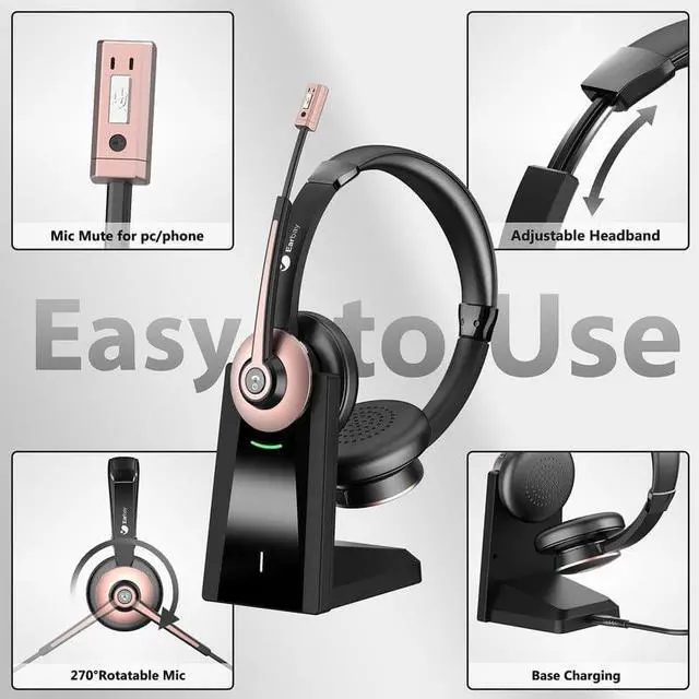 Alt view image 7 of 7 - Wireless Headset, Bluetooth Headset with Microphone Noise Canceling & USB Dongle, Wireless Headphones with Mic Mute/Charge Dock for PC Computer Phone Work Office Meetings Call Teams