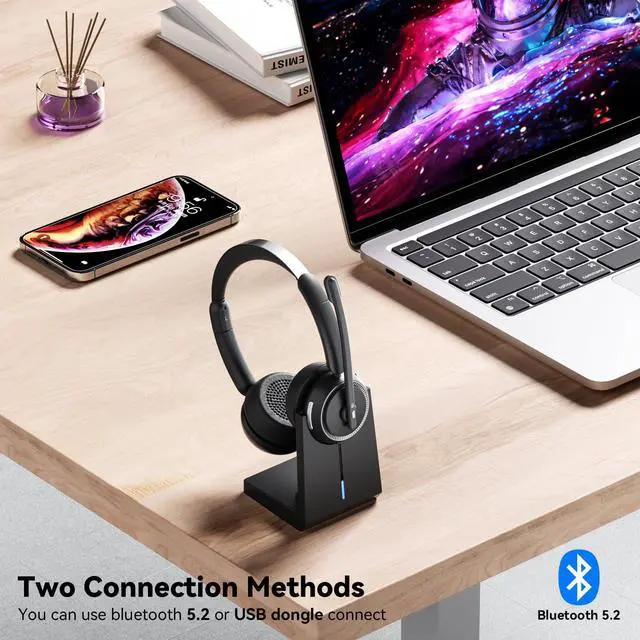 Alt view image 2 of 7 - Wireless Headset with Mic for Work, Bluetooth Headset with Mic (AI Noise Canceling & Mic Mute), Wireless Headphones with USB Dongle & Charging Base for Work/Home/Call Center/PC/Computer/Zoom/Teams