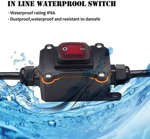 Alt view image 2 of 6 - Waterproof Inline Cord Switch,DPST AC 20A-125V,16A-250V On Off Toggle Switch with Red Light Rocker Button Switch,Outdoor Start Stop Switch,Two Side Entry and Exit Line