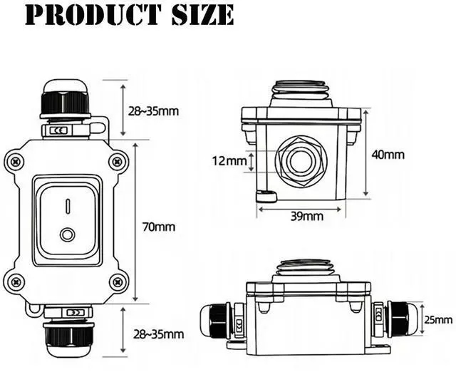 Alt view image 3 of 6 - Waterproof Inline Cord Switch,DPST AC 20A-125V,16A-250V On Off Toggle Switch with Red Light Rocker Button Switch,Outdoor Start Stop Switch,Two Side Entry and Exit Line