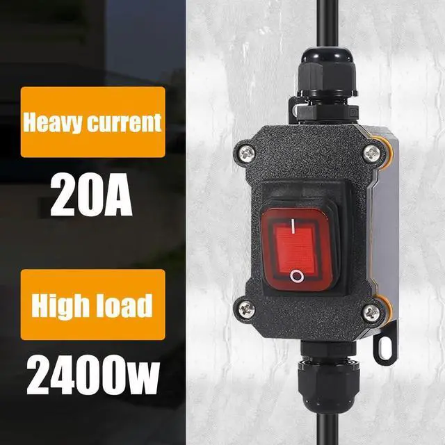 Alt view image 5 of 6 - Waterproof Inline Cord Switch,DPST AC 20A-125V,16A-250V On Off Toggle Switch with Red Light Rocker Button Switch,Outdoor Start Stop Switch,Two Side Entry and Exit Line