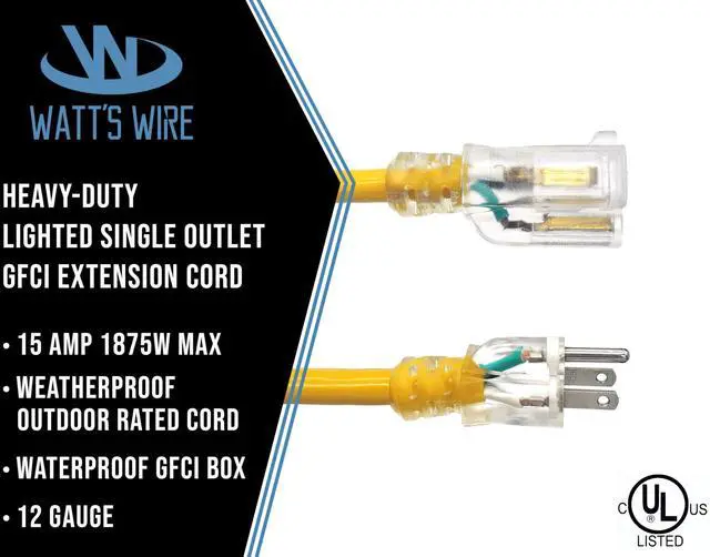Alt view image 2 of 6 - 15 ft GFCI Extension Cord - Outdoor Extension Cord Waterproof - Heavy Duty Outdoor Extension Cords 15 ft - Watts Wire - 15' Grounded - GFI Cord - extensiones electricas
