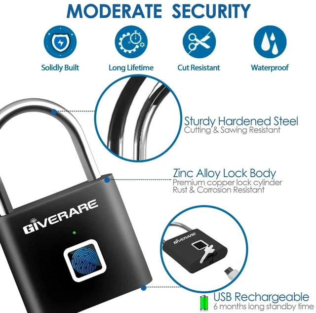 Alt view image 3 of 7 - Fingerprint Smart Padlock, Biometric Metal Keyless Thumbprint Lock Alloy, USB Rechargeable, Quick Unlock Waterproof Rustproof Locks for Warehouses, Gym, Homes, Office, School Locker, Luggage-Black