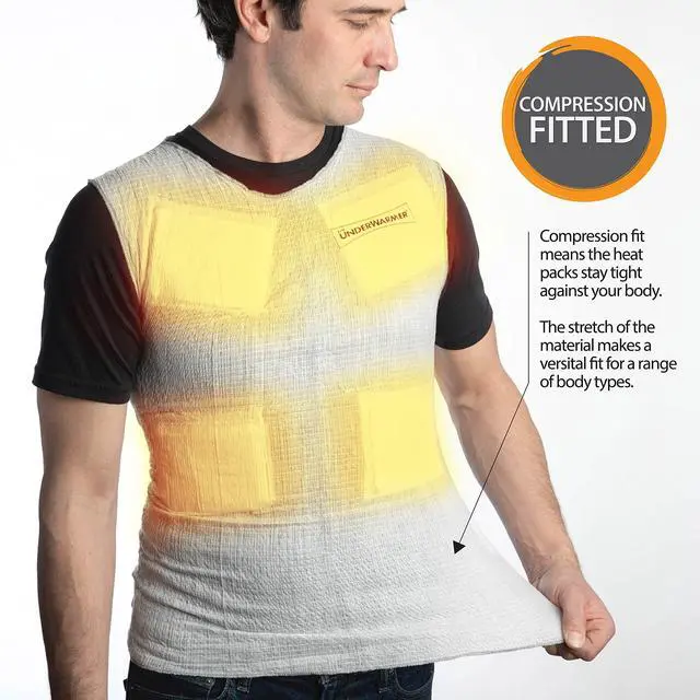 Alt view image 3 of 7 - Single-Use Heated Vest Shirt | Compression Baselayer | 8 Built in Heat Packs | Body Warmer | White