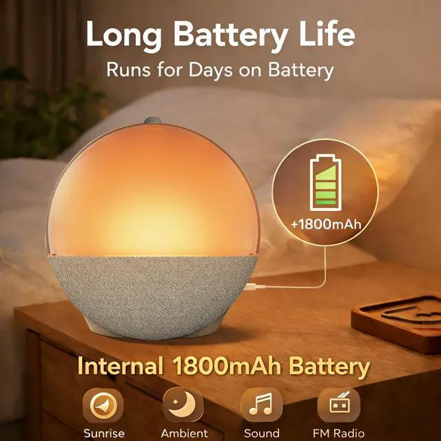 Alt view image 3 of 7 - Sunrise Alarm Clock, Wake Up Light with Natural Sunrise Simulation, White Noise Machine, Bluetooth Speaker, RGB Night Light, Sleep Aid Music Player for Deep Sleepers, Bedroom Bedside Decor