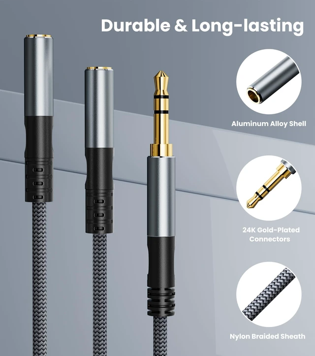 Alt view image 2 of 7 - Headphone Splitter 3.5mm 1 Male to 2 Female Adapter, 3.3FT Nylon-Braided Jack Extension Cable for Headset/Smartphone/Tablet/Laptop, Audio Output Only, Gold-Plated OFC HiFi Sound