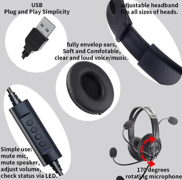 Alt view image 3 of 6 - USB Headset with Mic, Computer Wired Headphones with Microphone for PC, Laptop (Black - Full Ear Cups)