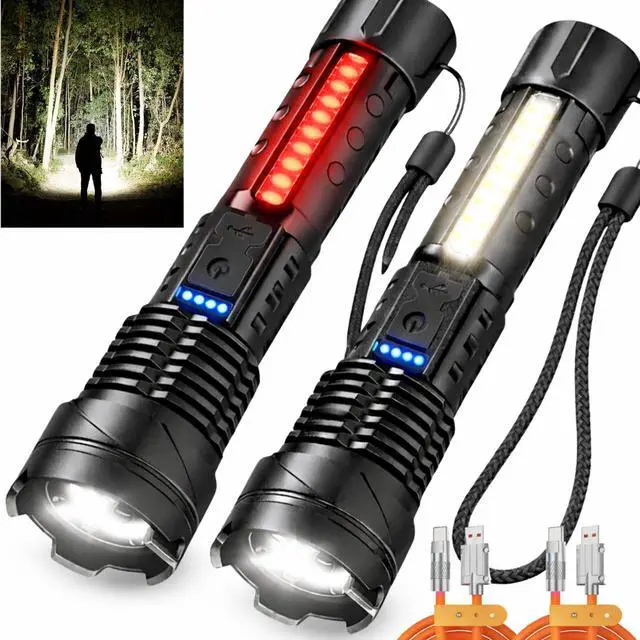 Main image of Rechargeable Flashlights 2 Pack Tactical Flashlight Set Super Bright High Lumens Flash Light 7 Modes Zoomable Linterna Waterproof EDC Pocket Lights for Emergency Camping Home & Car USB-C