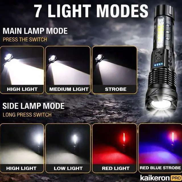 Alt view image 4 of 7 - Rechargeable Flashlights 2 Pack Tactical Flashlight Set Super Bright High Lumens Flash Light 7 Modes Zoomable Linterna Waterproof EDC Pocket Lights for Emergency Camping Home & Car USB-C