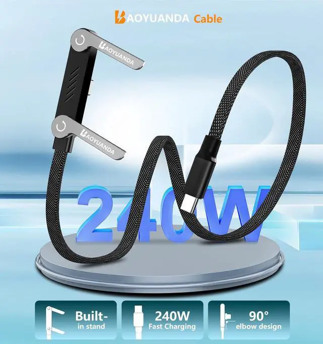 Alt view image 2 of 7 - 240W USB C to USB C Cable 2-Pack 5FT with Desktop Stand, 90 Degree Right Angle Braided Fast Charging Type C Cord for iPhone 17/16/15, MacBook Pro/Air M4, Galaxy S25/S24, iPad Pro, Switch