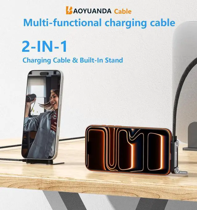 Alt view image 3 of 7 - 240W USB C to USB C Cable 2-Pack 5FT with Desktop Stand, 90 Degree Right Angle Braided Fast Charging Type C Cord for iPhone 17/16/15, MacBook Pro/Air M4, Galaxy S25/S24, iPad Pro, Switch