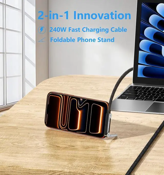Alt view image 7 of 7 - 240W USB C to USB C Cable 2-Pack 5FT with Desktop Stand, 90 Degree Right Angle Braided Fast Charging Type C Cord for iPhone 17/16/15, MacBook Pro/Air M4, Galaxy S25/S24, iPad Pro, Switch