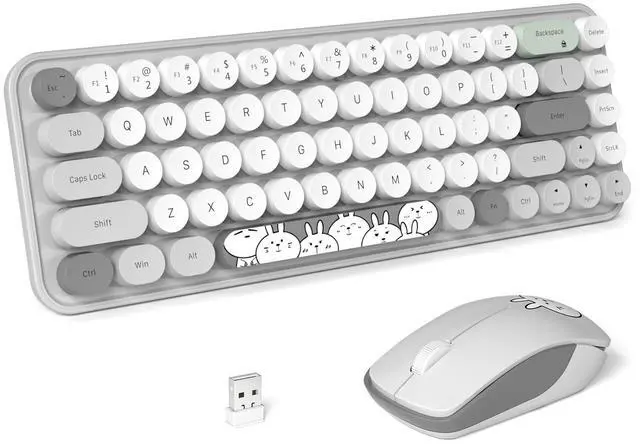 Main image of Wireless Keyboard and Mouse Cute Mouse and Keyboard 2.4G Wireless Keyboards with Colorful 68 Keys Typewriter Retro Round Keycap for PC, Laptop,Tablet,Computer Windows - Grey Colorful