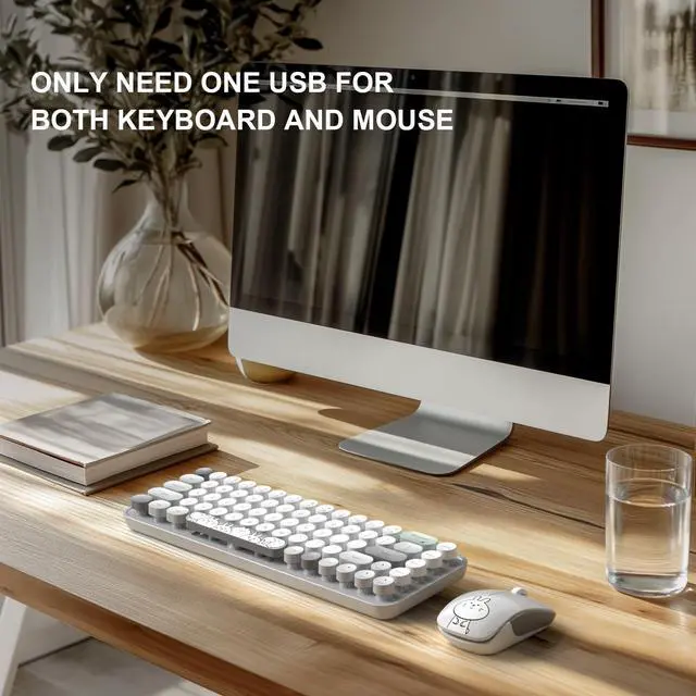 Alt view image 5 of 7 - Wireless Keyboard and Mouse Cute Mouse and Keyboard 2.4G Wireless Keyboards with Colorful 68 Keys Typewriter Retro Round Keycap for PC, Laptop,Tablet,Computer Windows - Grey Colorful