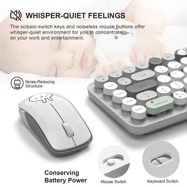 Alt view image 6 of 7 - Wireless Keyboard and Mouse Cute Mouse and Keyboard 2.4G Wireless Keyboards with Colorful 68 Keys Typewriter Retro Round Keycap for PC, Laptop,Tablet,Computer Windows - Grey Colorful