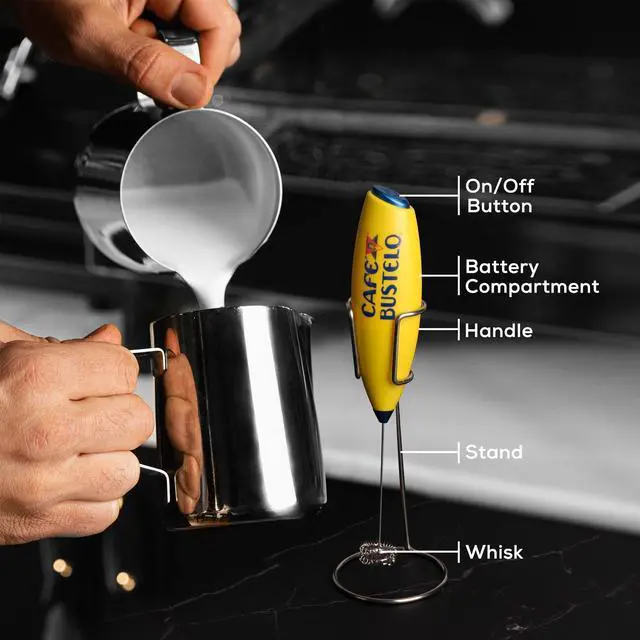 Alt view image 3 of 7 - Electric Coffee Milk Frother Handheld Battery-Operated Drink Mixer with Stainless Steel Whisk & Stand, Bold Yellow Design, Perfect for Lattes, Cappuccinos & Café-Style Coffee Drinks