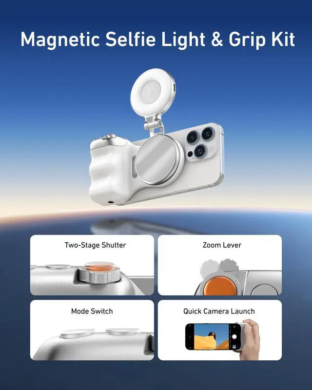 Alt view image 3 of 7 - Fun Shot Magnetic Phone Camera Grip + C03 Magnetic Selfie Light (Silver) Bundle Kit Compatible with iPhone Magsafe & Android, Creator Kit for Selfies/Photography/TikTok/Zoom Calls/Video