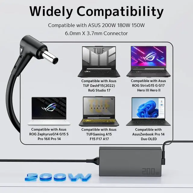 Alt view image 5 of 5 - 200W Laptop Charger Fit for ASUS TUF A15 F17 A17 ROG Strix Hero Zephyrus