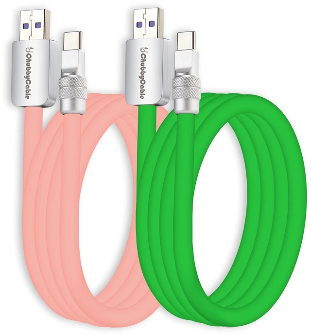 Main image of chubbycable Couple Chubby 2 Pack 120W USB C Cable Extra Thick Silicone Fast Charging Cable Compatible with iPhone 17-15 Series iPad Galaxy Series, Pink+Green, USB-A to Type-C, 16.4FT