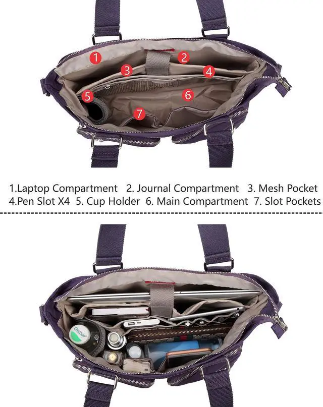 Alt view image 4 of 5 - La Packmore Water Repellent Nylon Shoulder Bag Handbag Laptop Bag Teacher Nurse Tote Briefcase Clinical Bag (14-Inch, Lavender)