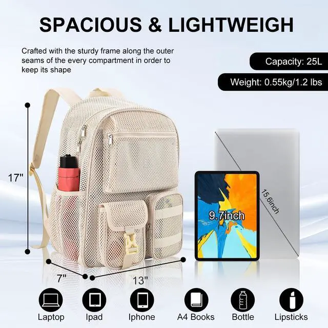 Alt view image 2 of 5 - Slumou Mesh Backpack for School, 25L Large Heavy Duty mesh Schoolbag for Adults Girls Boys Kids with Inner Laptop Compartment for Outdoor Hiking Beach(Cream, Small)
