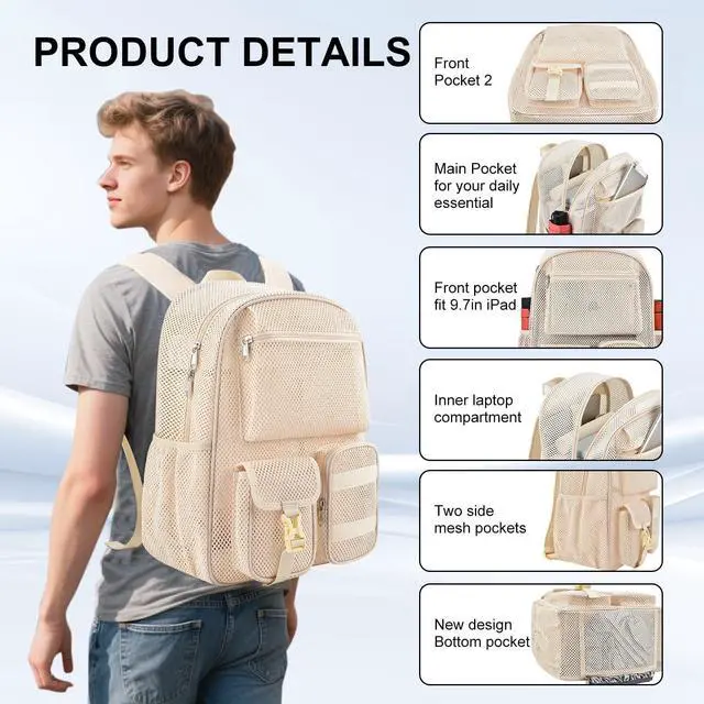 Alt view image 3 of 5 - Slumou Mesh Backpack for School, 25L Large Heavy Duty mesh Schoolbag for Adults Girls Boys Kids with Inner Laptop Compartment for Outdoor Hiking Beach(Cream, Small)