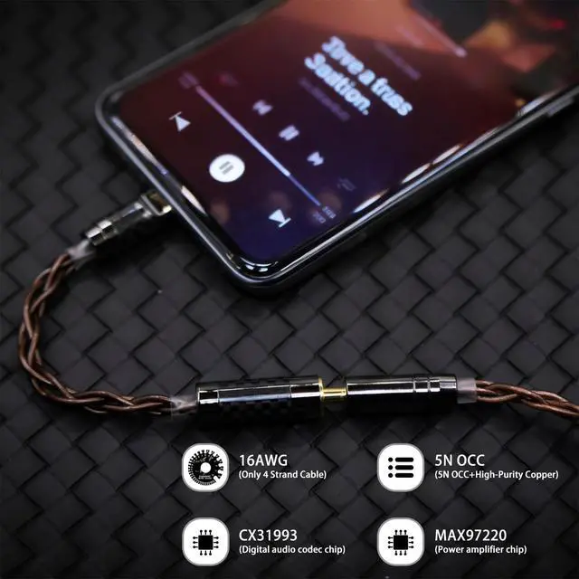 Alt view image 3 of 5 - Elihp USB C Headphopne Jack Adapter,OCC 4 Cord Aux to USB C DAC Dongle with Dual Chip CX31993 MAX97220,Type-C to 3.5mm Headphone Adapter with in Ear Monitor Cable