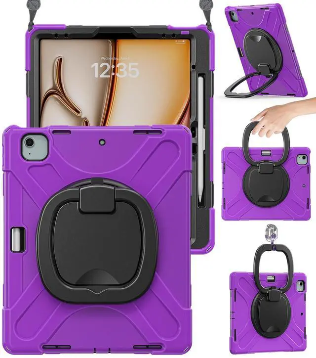 Main image of BRAECN Case for iPad Air 13 Inch M4 2026/M3 2025/M2 2024 & iPad Pro 12.9 6th/5th/4th/3rd Gen: Military Grade Silicone Protective Cover with Pencil Holder, Kickstand, Handle, Shoulder Strap, Purple